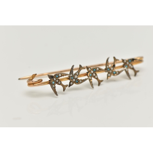 31 - A SWALLOW BAR BROOCH, designed as five swallows set with imitation split pearls and blue paste caboc... 