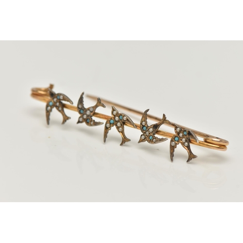 31 - A SWALLOW BAR BROOCH, designed as five swallows set with imitation split pearls and blue paste caboc... 