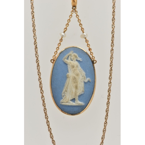 32 - A 9CT GOLD WEDGWOOD PENDANT NECKLACE, the oval Wedgwood pendant depicting a female figure, suspended... 