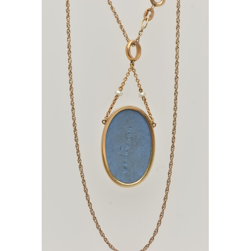 32 - A 9CT GOLD WEDGWOOD PENDANT NECKLACE, the oval Wedgwood pendant depicting a female figure, suspended... 