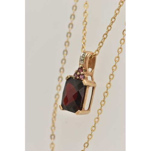 40 - A 9CT GOLD GARNET PENDANT, the rectangular faceted garnet in a four claw setting with further circul... 