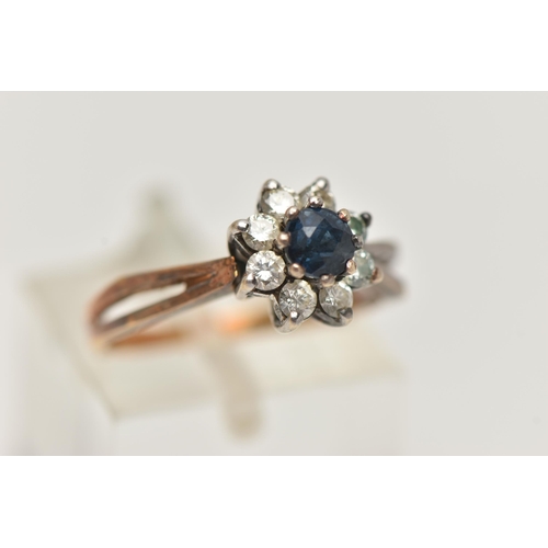 43 - AN 18CT SAPPHIRE AND DIAMOND CLUSTER RING, the central circular sapphire within a brilliant cut diam... 