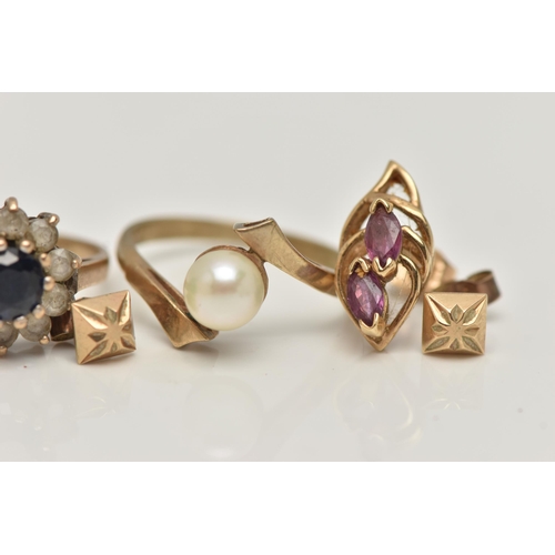 45 - THREE RINGS, to include a 9ct gold single cultured pearl set ring in cross over shoulders, leading o... 