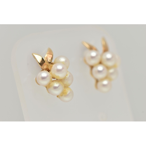 51 - A PAIR OF CULTURED PEARL EARRINGS, each in the form of a bunch of grapes, yellow metal post and scro... 