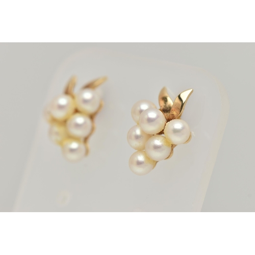 51 - A PAIR OF CULTURED PEARL EARRINGS, each in the form of a bunch of grapes, yellow metal post and scro... 