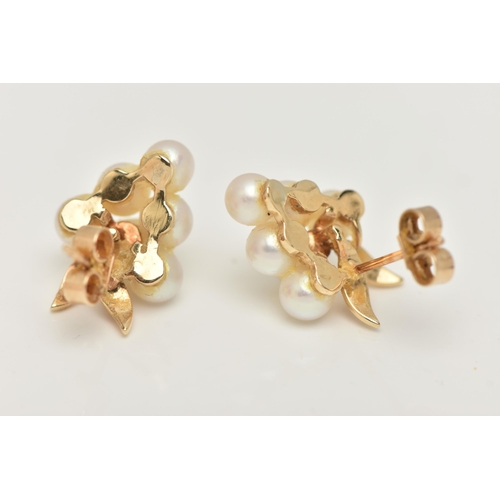 51 - A PAIR OF CULTURED PEARL EARRINGS, each in the form of a bunch of grapes, yellow metal post and scro... 