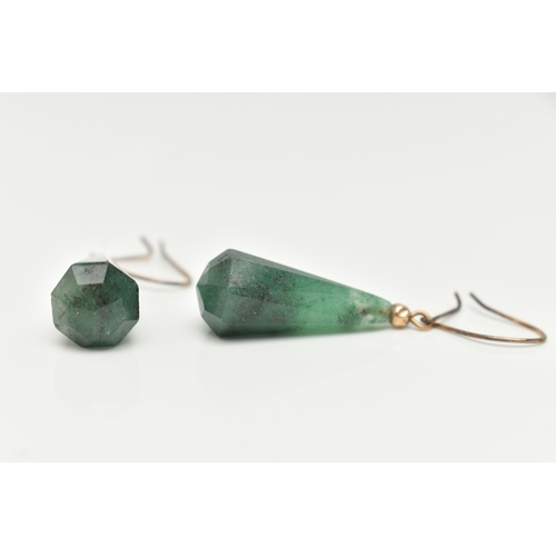 52 - A PAIR OF GREEN QUARTZ DROP EARRINGS, faceted tapering drops, fitted with unmarked yellow metal fish... 