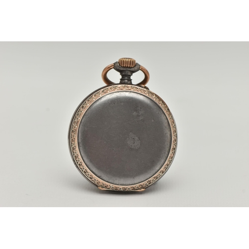 57 - AN OPEN FACE POCKET WATCH, manual wind, round white Roman numeral dial, subsidiary dial at the six o... 