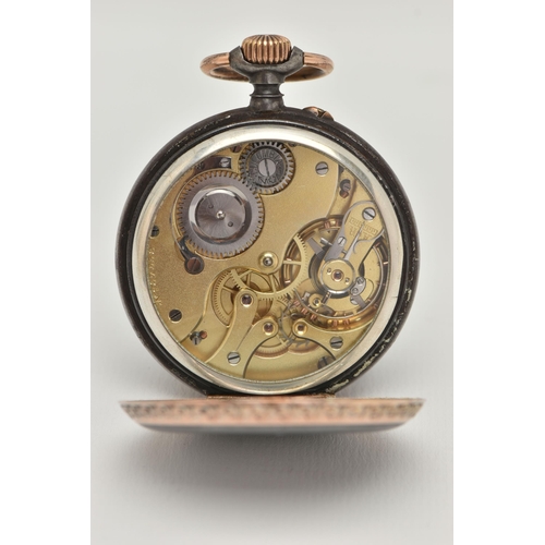 57 - AN OPEN FACE POCKET WATCH, manual wind, round white Roman numeral dial, subsidiary dial at the six o... 