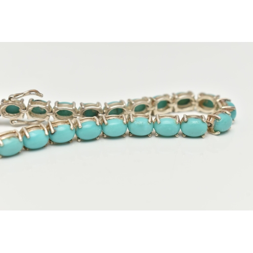 58 - A SILVER LINE BRACELET, designed as a row of twenty-six oval turquoise cabochons, each in a four cla... 