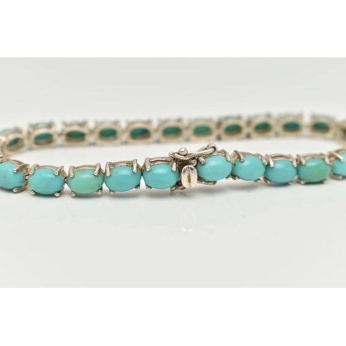 58 - A SILVER LINE BRACELET, designed as a row of twenty-six oval turquoise cabochons, each in a four cla... 