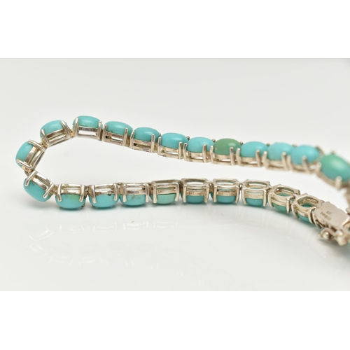 58 - A SILVER LINE BRACELET, designed as a row of twenty-six oval turquoise cabochons, each in a four cla... 