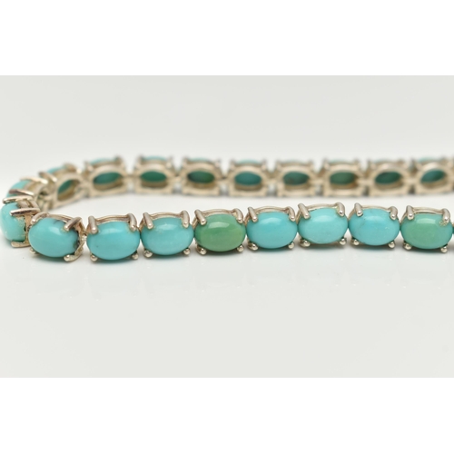 58 - A SILVER LINE BRACELET, designed as a row of twenty-six oval turquoise cabochons, each in a four cla... 