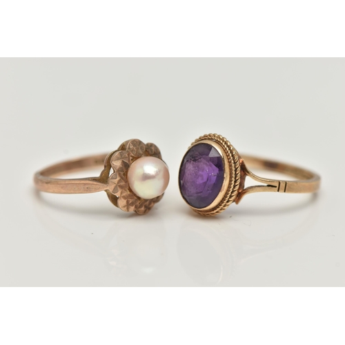 8 - TWO 9CT GOLD RINGS, the first a floral ring, set with a single cultured pearl, hallmarked 9ct London... 