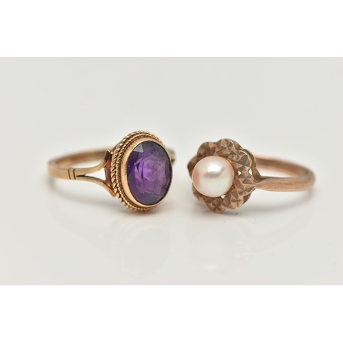 8 - TWO 9CT GOLD RINGS, the first a floral ring, set with a single cultured pearl, hallmarked 9ct London... 