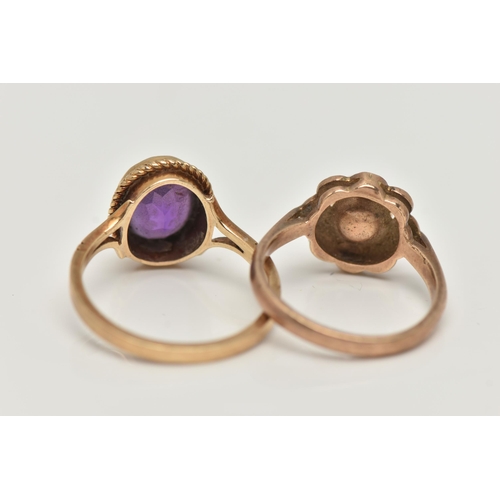 8 - TWO 9CT GOLD RINGS, the first a floral ring, set with a single cultured pearl, hallmarked 9ct London... 