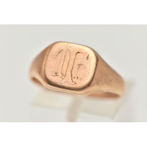 9 - A GENTS SIGNET RING, rose metal square signet, rubbed monogram engraving, stamped 9ct, ring size P 1... 