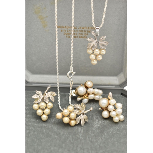 102 - THREE PIECES OF WHITE METAL IMITATION PEARL JEWELLERY, to include a pair of white metal, bunch of gr... 