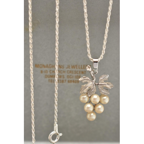 102 - THREE PIECES OF WHITE METAL IMITATION PEARL JEWELLERY, to include a pair of white metal, bunch of gr... 