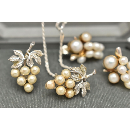 102 - THREE PIECES OF WHITE METAL IMITATION PEARL JEWELLERY, to include a pair of white metal, bunch of gr... 