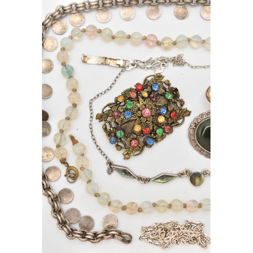 105 - AN ASSORTMENT OF JEWELLERY, to include a white metal fancy belcher link chain with suspended polishe... 