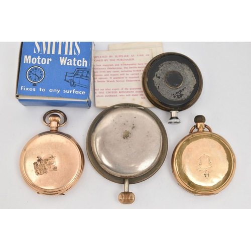 108 - A TIN WITH FOUR POCKET WATCHES, to include a gold plated, manual wind, half hunter 'Record' pocket w... 