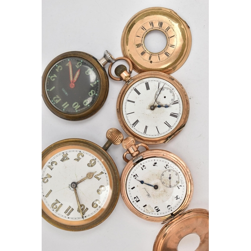 108 - A TIN WITH FOUR POCKET WATCHES, to include a gold plated, manual wind, half hunter 'Record' pocket w... 