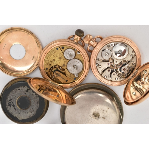 108 - A TIN WITH FOUR POCKET WATCHES, to include a gold plated, manual wind, half hunter 'Record' pocket w... 