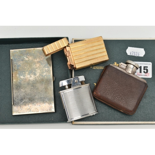 115 - A SILVER HIPFLASK, LIGHTERS AND A CARD CASE, small engine turned pattern hip flask, screw clasp, hal... 