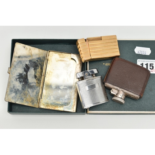 115 - A SILVER HIPFLASK, LIGHTERS AND A CARD CASE, small engine turned pattern hip flask, screw clasp, hal... 