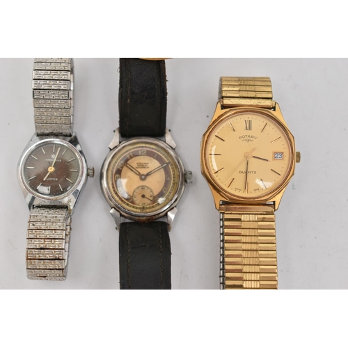 116 - A SMALL PLASTIC TUB WITH FOUR WRISTWATCHES, to include a ladies 'Junghans quartz' stainless steel wa... 