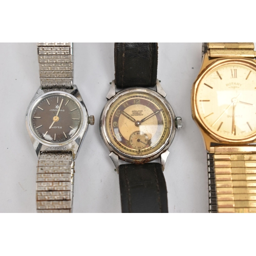 116 - A SMALL PLASTIC TUB WITH FOUR WRISTWATCHES, to include a ladies 'Junghans quartz' stainless steel wa... 