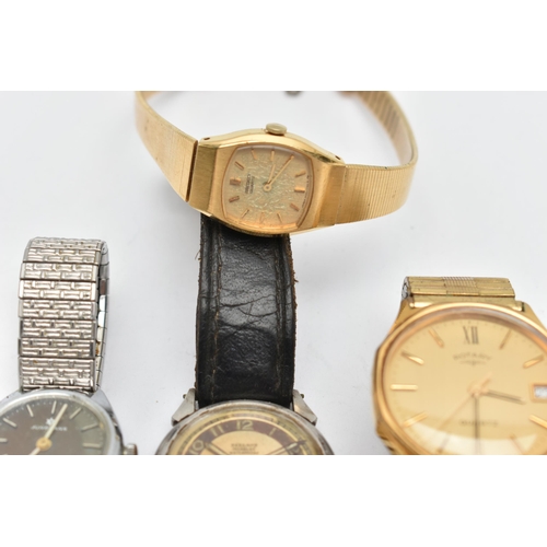 116 - A SMALL PLASTIC TUB WITH FOUR WRISTWATCHES, to include a ladies 'Junghans quartz' stainless steel wa... 