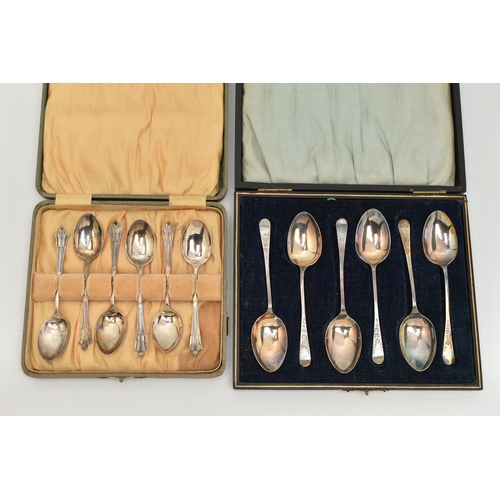 117 - TWO CASED SETS OF SILVER TEASPOONS, the first including six spoons, decorated with floral terminals,... 