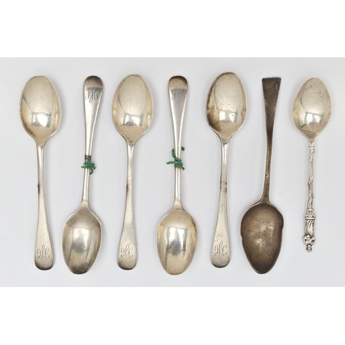 118 - SEVEN SILVER TEASPOONS, to include five matching old English pattern spoons with engraved initials t... 