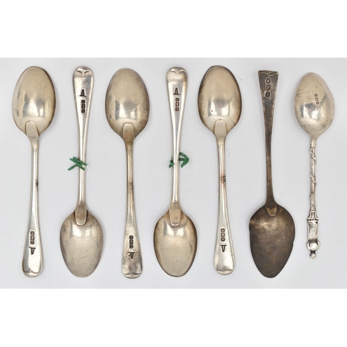 118 - SEVEN SILVER TEASPOONS, to include five matching old English pattern spoons with engraved initials t... 