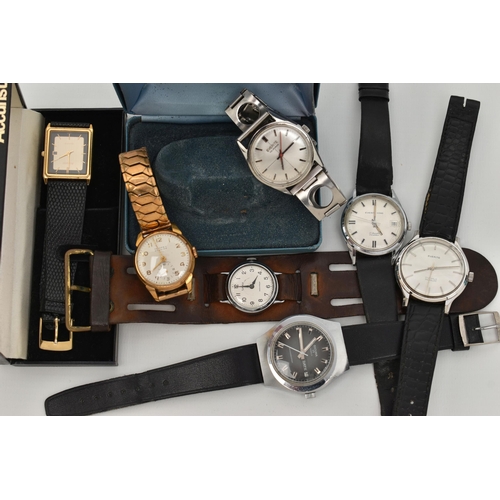 122 - A GROUP OF GENTS WRISTWATCHES, to include a boxed 'Everite Helmsman', a 'Sicura 17 jewels' watch on ... 