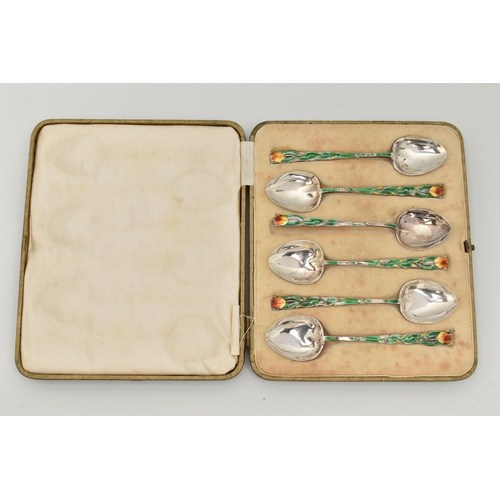 124 - A CASED SET OF SIX ENAMEL SILVER TEASPOONS, each decorated with a green enamel floral stem and flowe... 