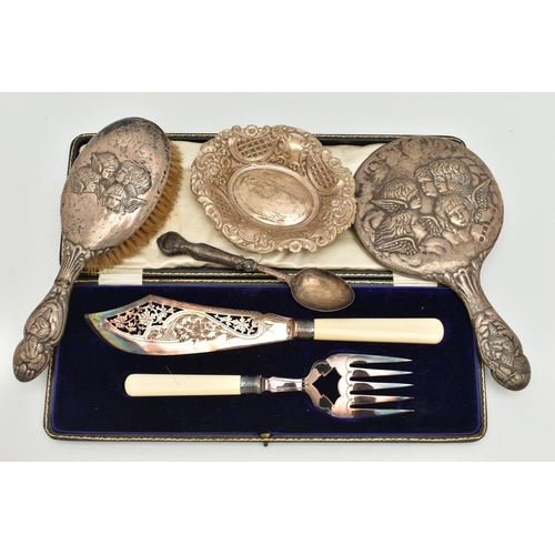 125 - SILVER VANITY PIECES, BONBON DISH AND OTHER ITEMS, to include two AF vanity pieces, hair brush and h... 