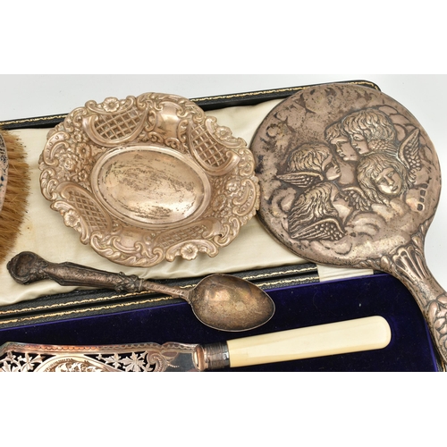 125 - SILVER VANITY PIECES, BONBON DISH AND OTHER ITEMS, to include two AF vanity pieces, hair brush and h... 