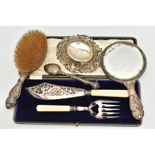 125 - SILVER VANITY PIECES, BONBON DISH AND OTHER ITEMS, to include two AF vanity pieces, hair brush and h... 