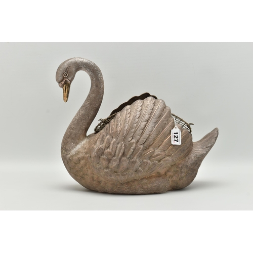 127 - AN ELIZABETH II SILVER FLORAL CENTREPIECE, realistically textured swan with a gold plated beak, open... 