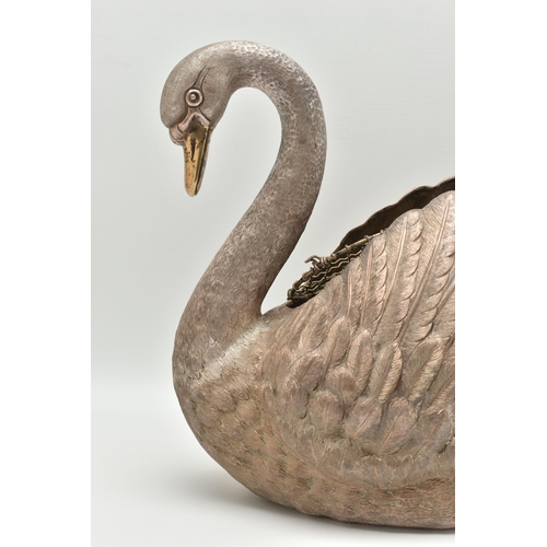 127 - AN ELIZABETH II SILVER FLORAL CENTREPIECE, realistically textured swan with a gold plated beak, open... 