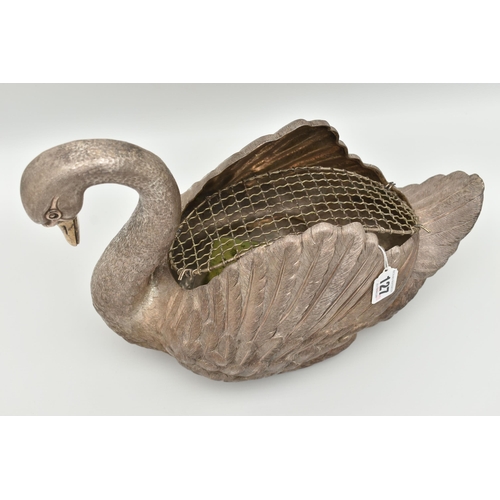 127 - AN ELIZABETH II SILVER FLORAL CENTREPIECE, realistically textured swan with a gold plated beak, open... 