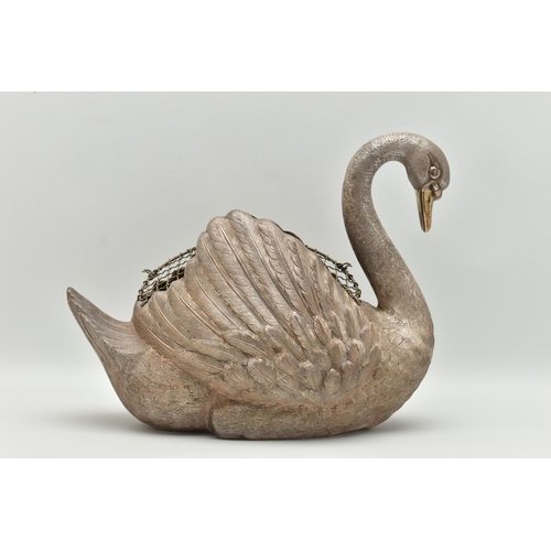 127 - AN ELIZABETH II SILVER FLORAL CENTREPIECE, realistically textured swan with a gold plated beak, open... 