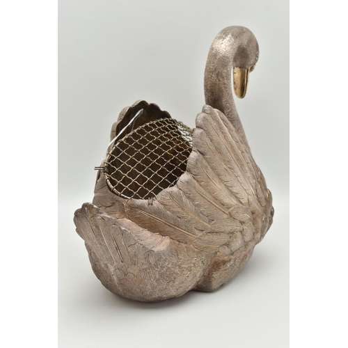 127 - AN ELIZABETH II SILVER FLORAL CENTREPIECE, realistically textured swan with a gold plated beak, open... 