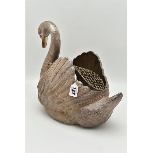 127 - AN ELIZABETH II SILVER FLORAL CENTREPIECE, realistically textured swan with a gold plated beak, open... 