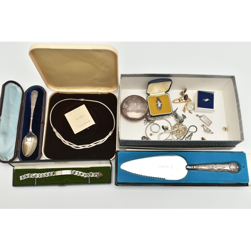 128 - ASSORTED SILVER AND WHITE METAL JEWELLERY AND ITEMS, to include a silver round hinged cover box, eng... 