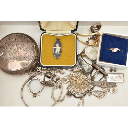 128 - ASSORTED SILVER AND WHITE METAL JEWELLERY AND ITEMS, to include a silver round hinged cover box, eng... 