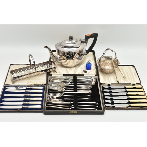 131 - A BOX OF ASSORTED WHITE METAL ITEMS, to include a cased six person fish eater set, a cased set of te... 